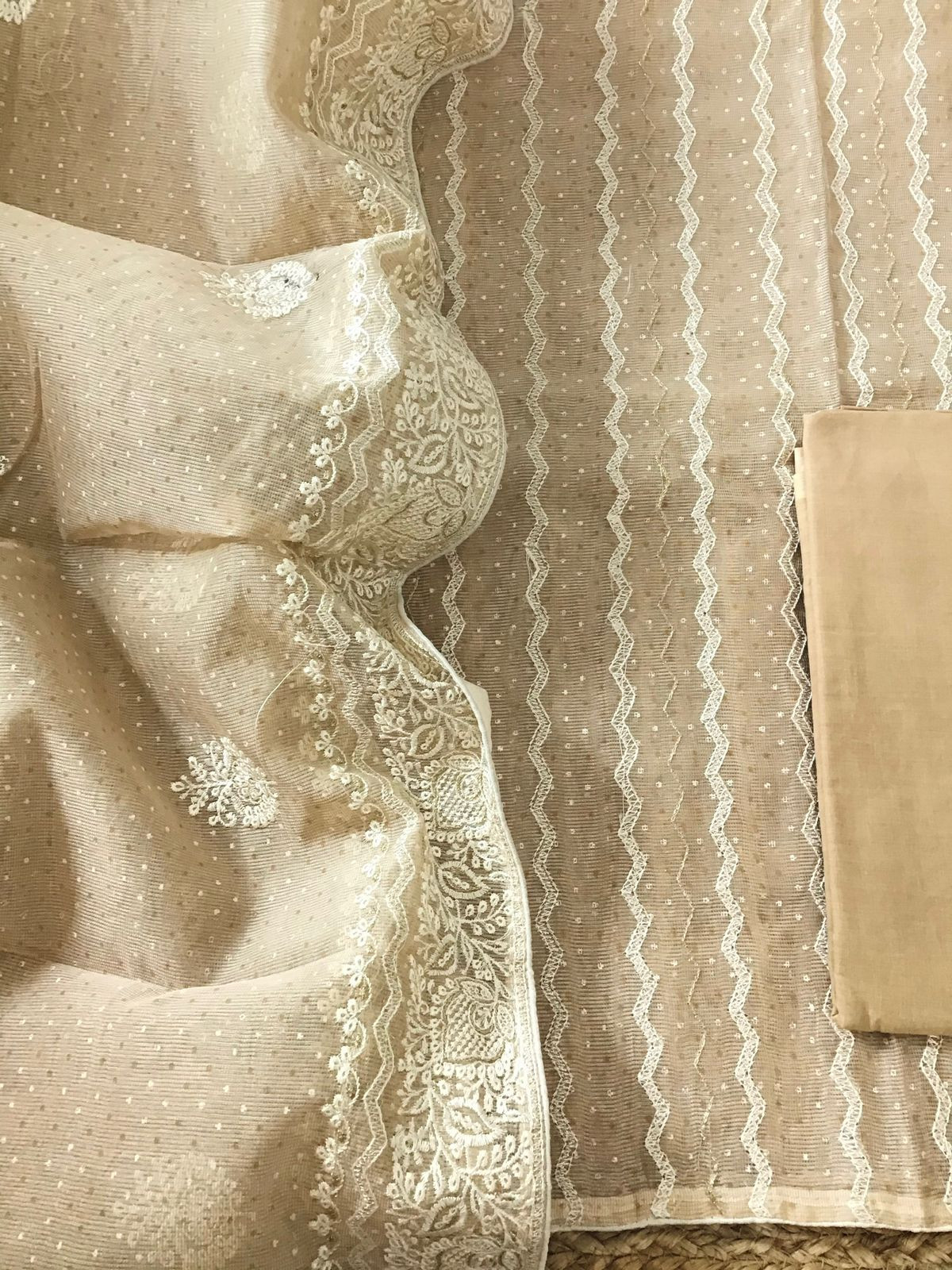 Soft Supernet Printed Embroidered Suit - Beige