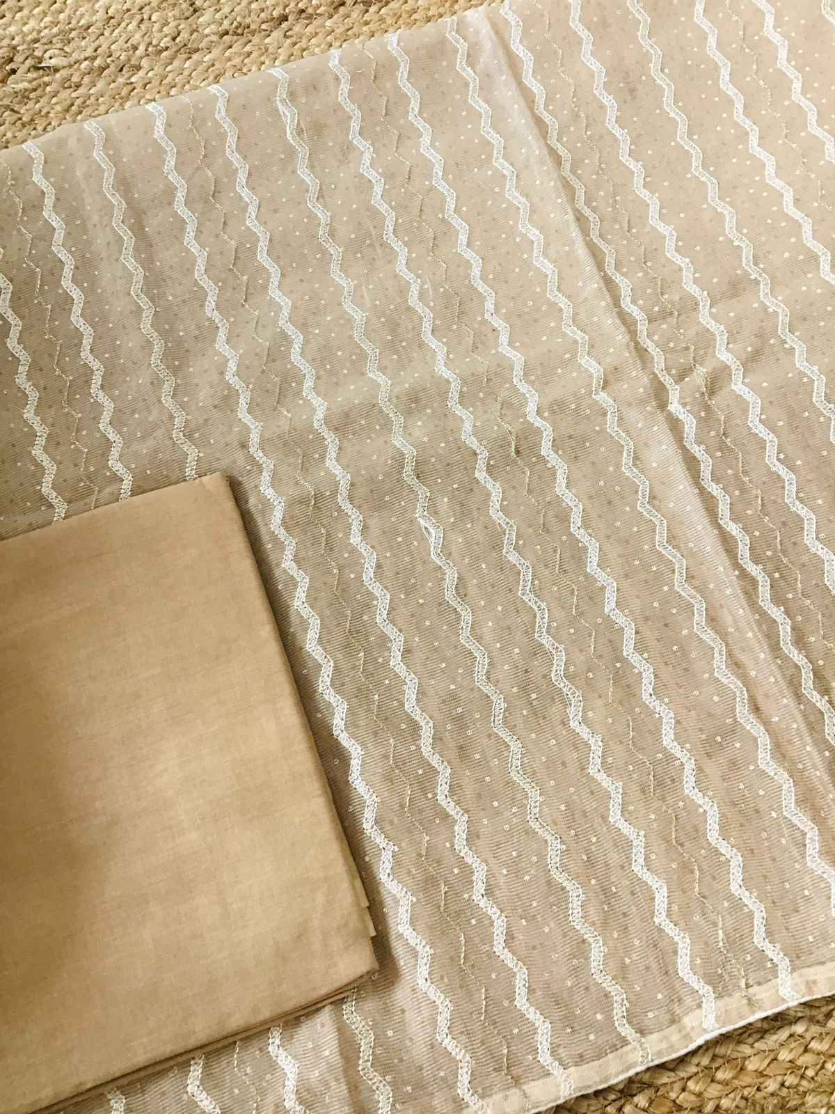 Soft Supernet Printed Embroidered Suit - Beige