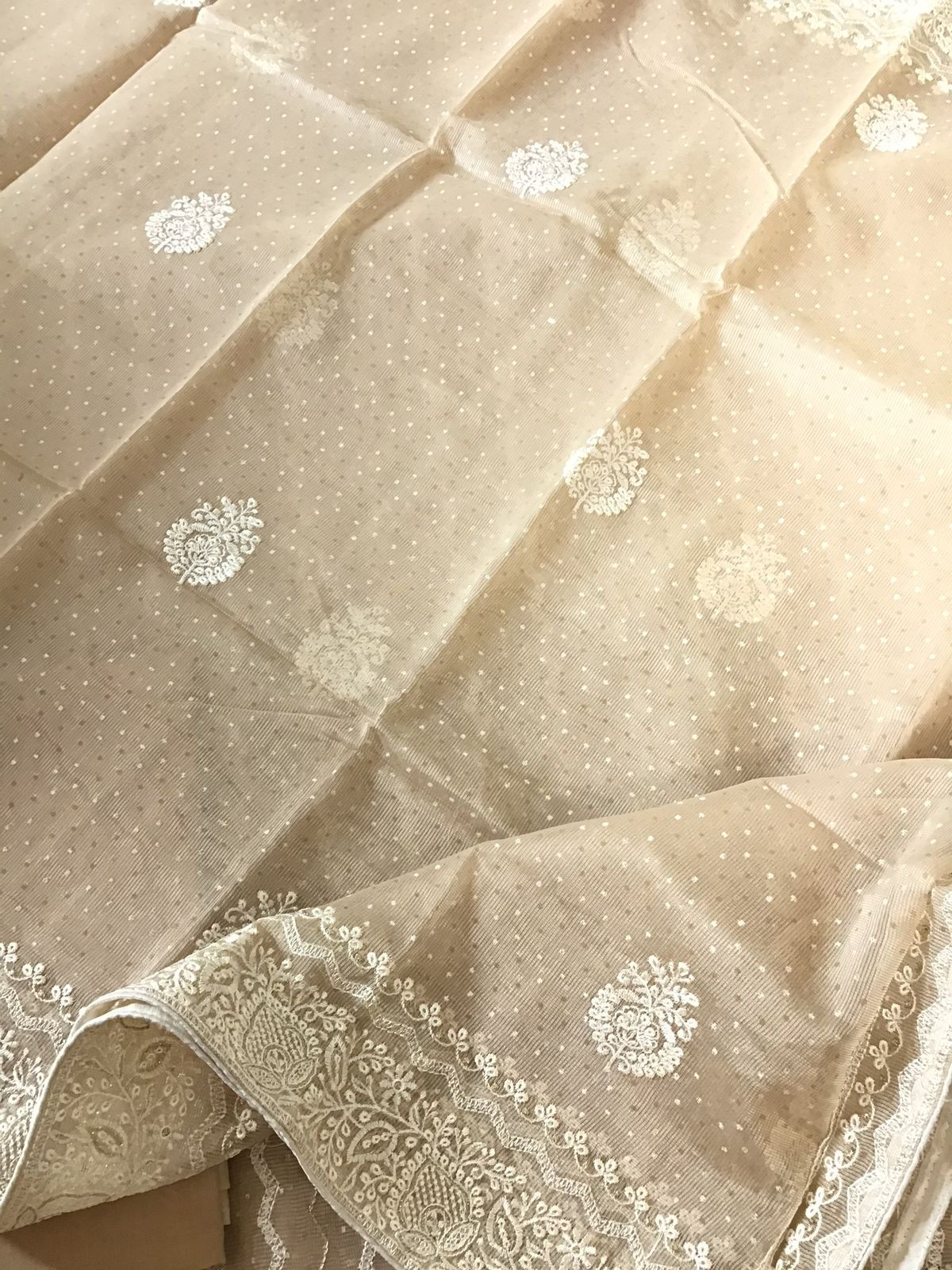 Soft Supernet Printed Embroidered Suit - Beige