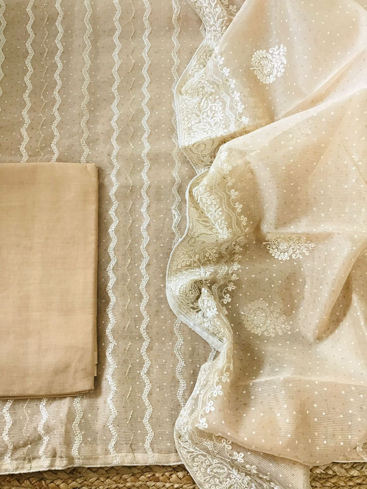 Soft Supernet Printed Embroidered Suit - Beige