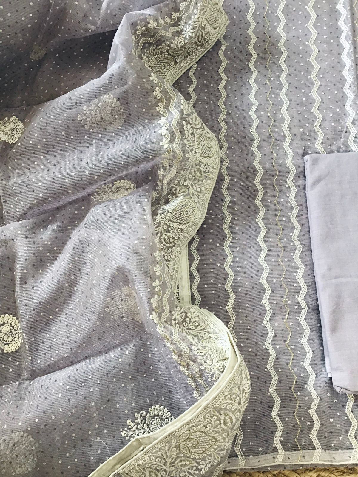 Soft Supernet Printed Embroidered Suit - Lavender