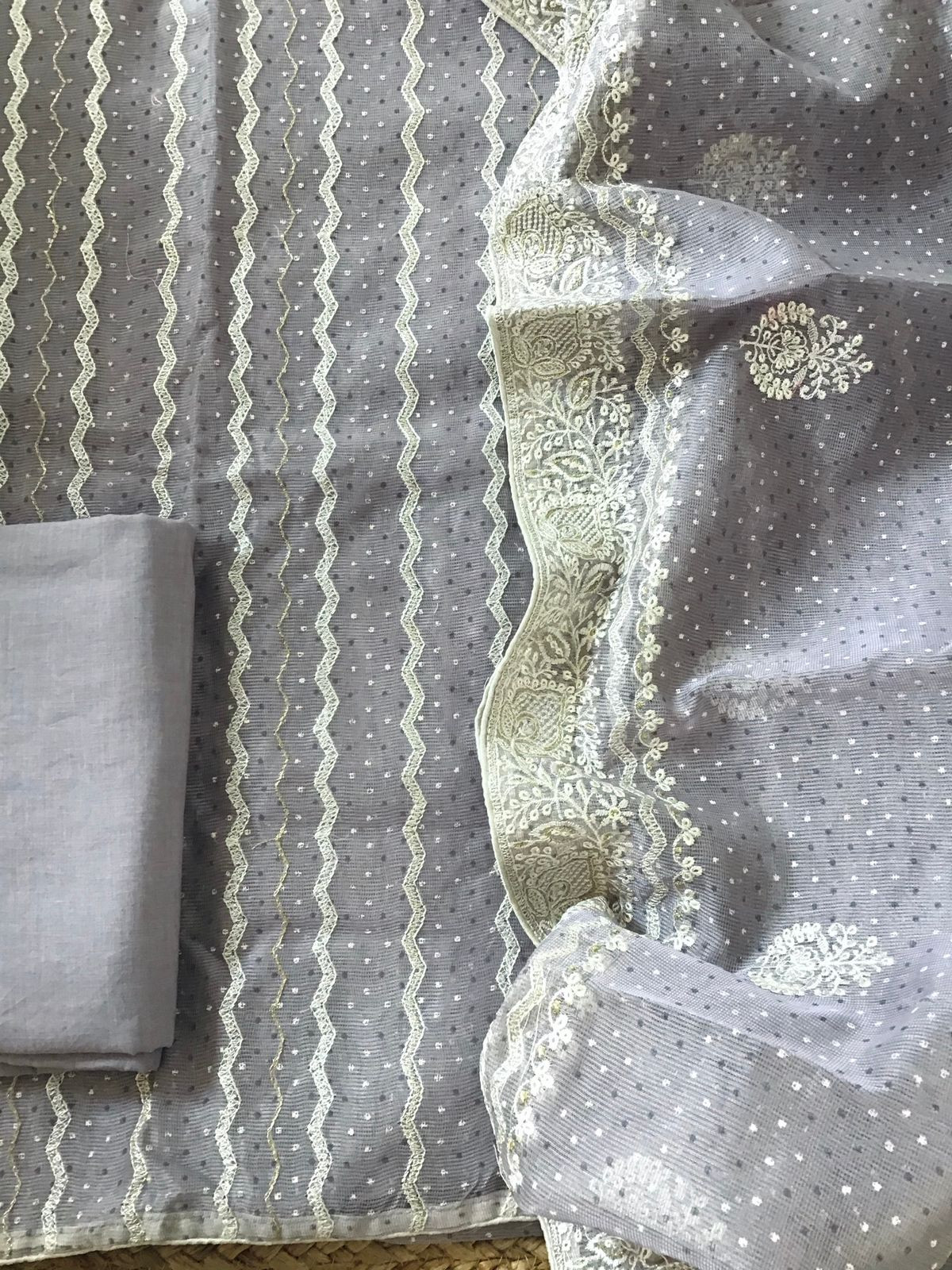 Soft Supernet Printed Embroidered Suit - Lavender