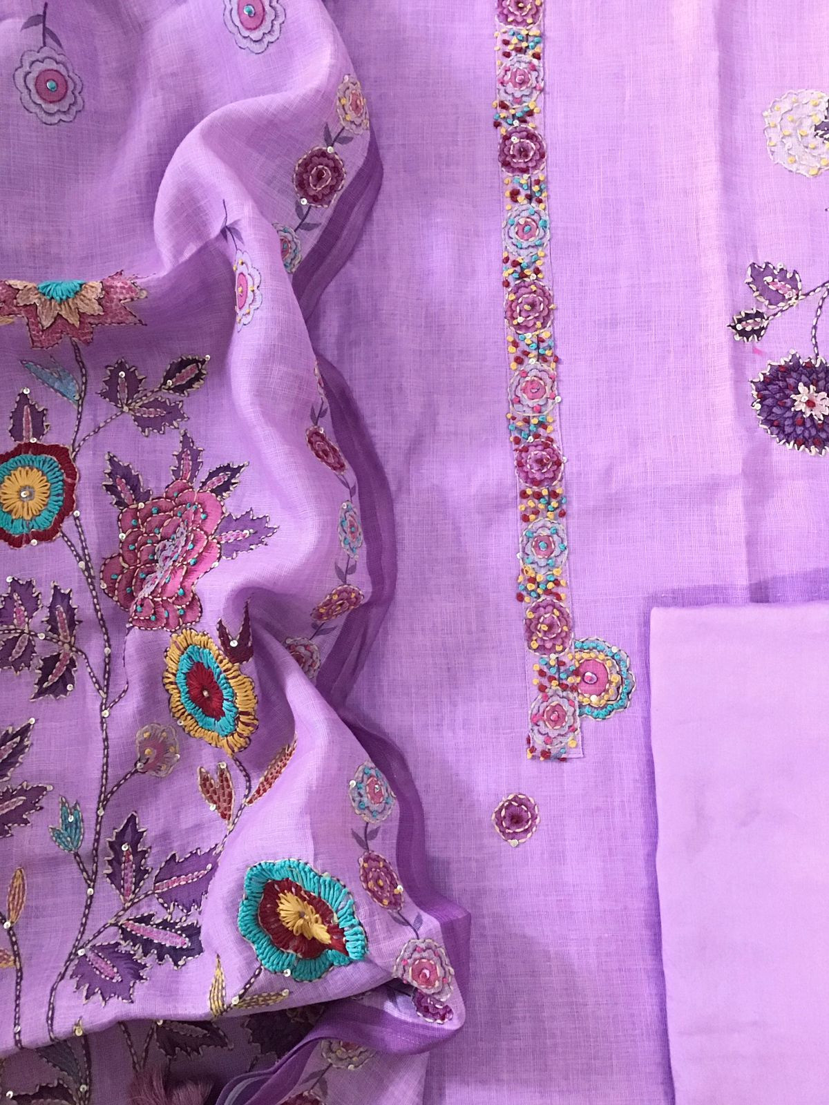 Soft Linen Jute Cotton Printed Embroidered Suit - Light Magenta