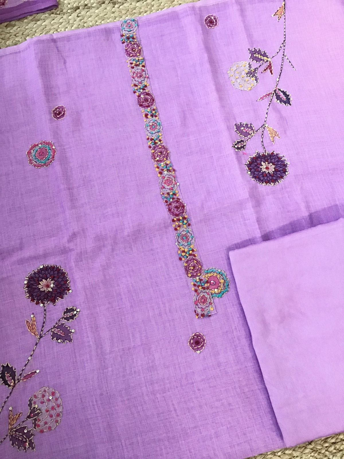Soft Linen Jute Cotton Printed Embroidered Suit - Light Magenta