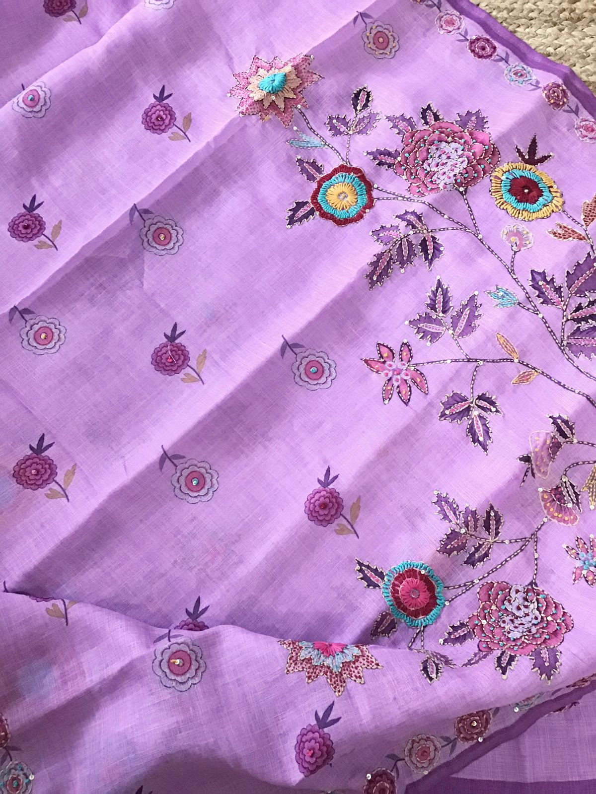 Soft Linen Jute Cotton Printed Embroidered Suit - Light Magenta