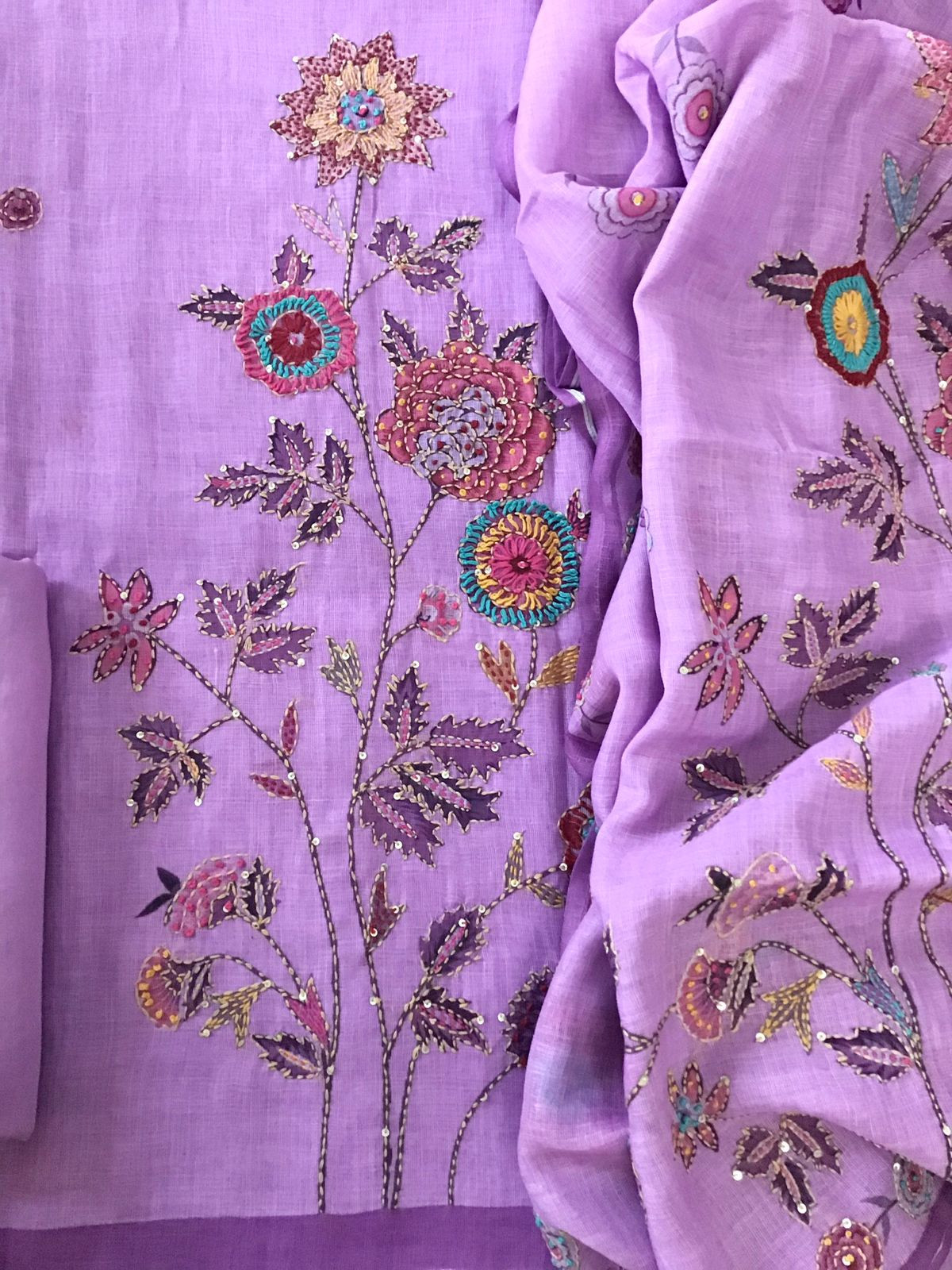 Soft Linen Jute Cotton Printed Embroidered Suit - Light Magenta