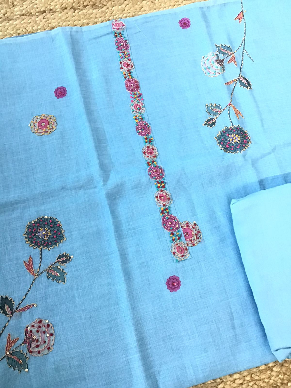 Soft Linen Jute Cotton Printed Embroidered Suit - Blue