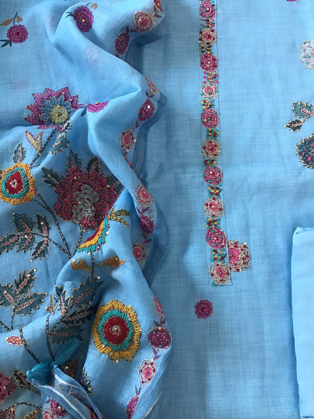 Soft Linen Jute Cotton Printed Embroidered Suit - Blue