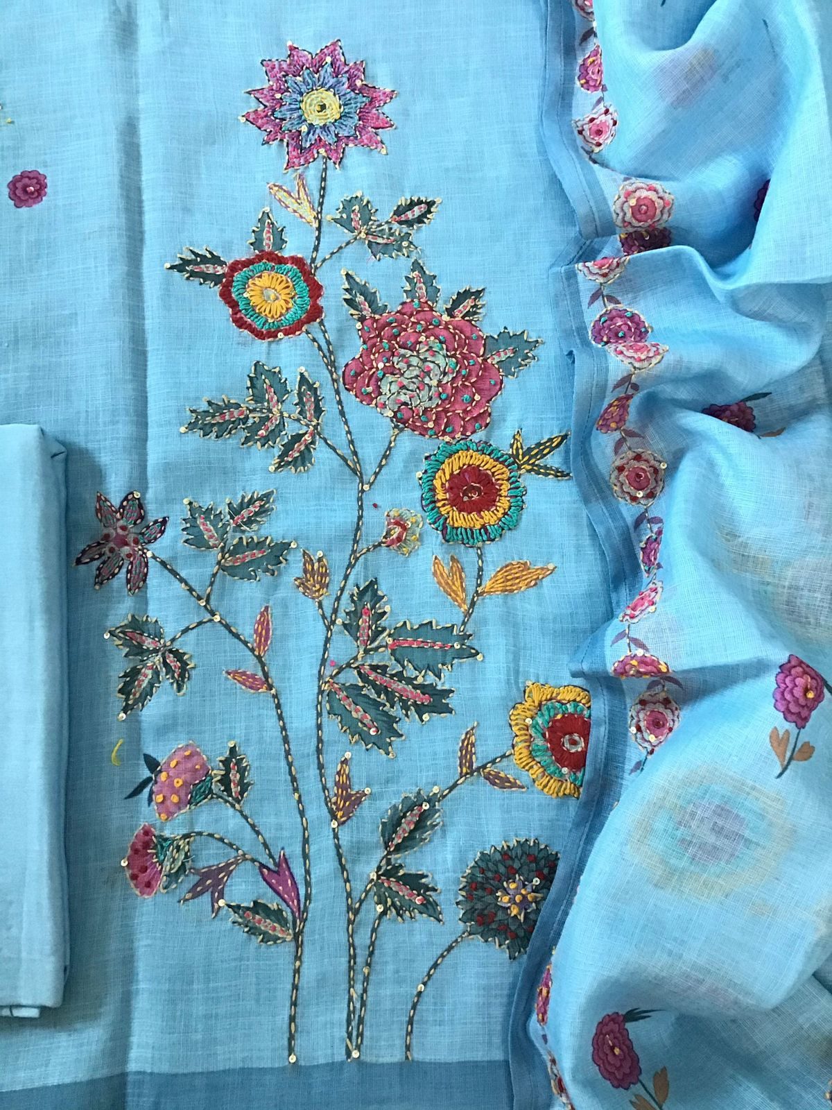 Soft Linen Jute Cotton Printed Embroidered Suit - Blue