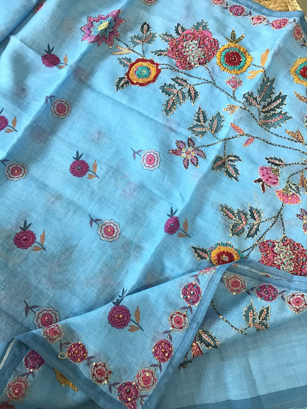 Soft Linen Jute Cotton Printed Embroidered Suit - Blue