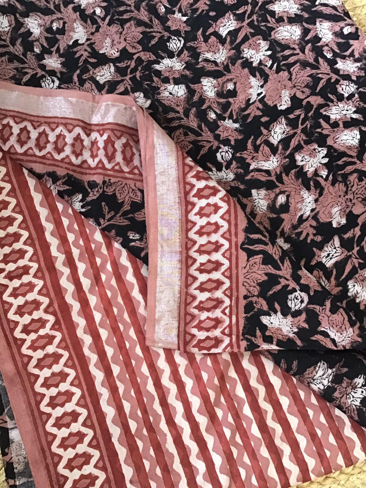 Pure Linen Jute Cotton Printed Suit - Black