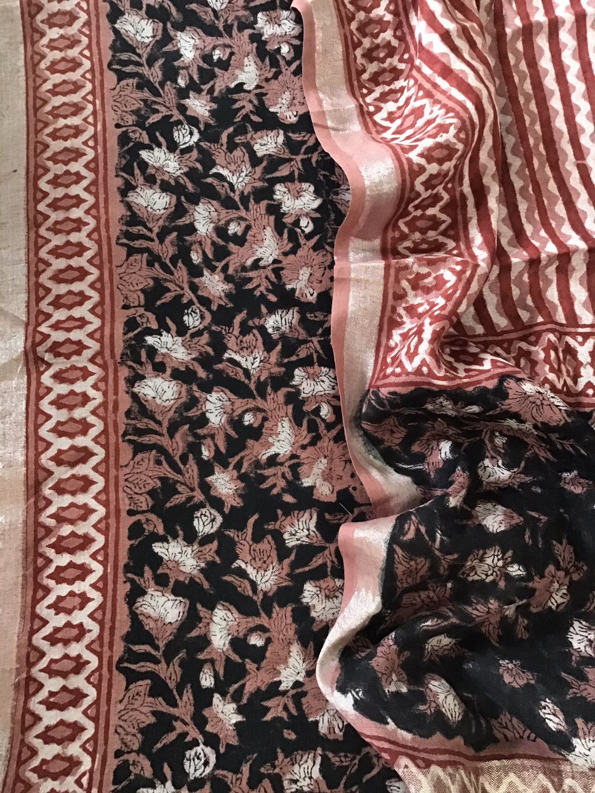 Pure Linen Jute Cotton Printed Suit - Black