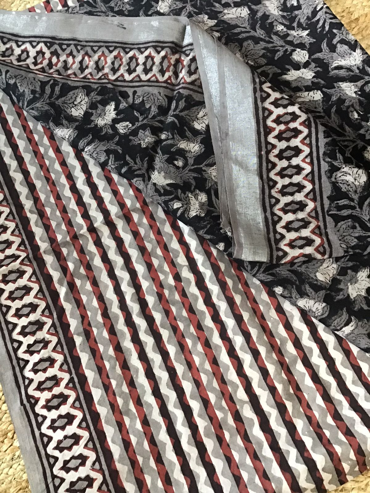 Pure Linen Jute Cotton Printed Suit - Black