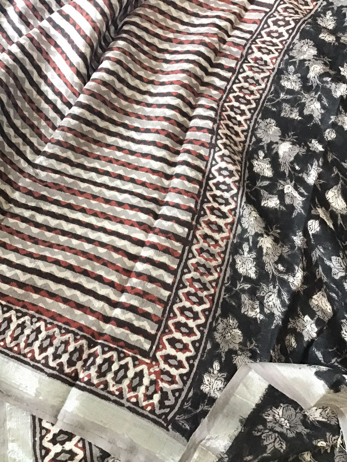 Pure Linen Jute Cotton Printed Suit - Black