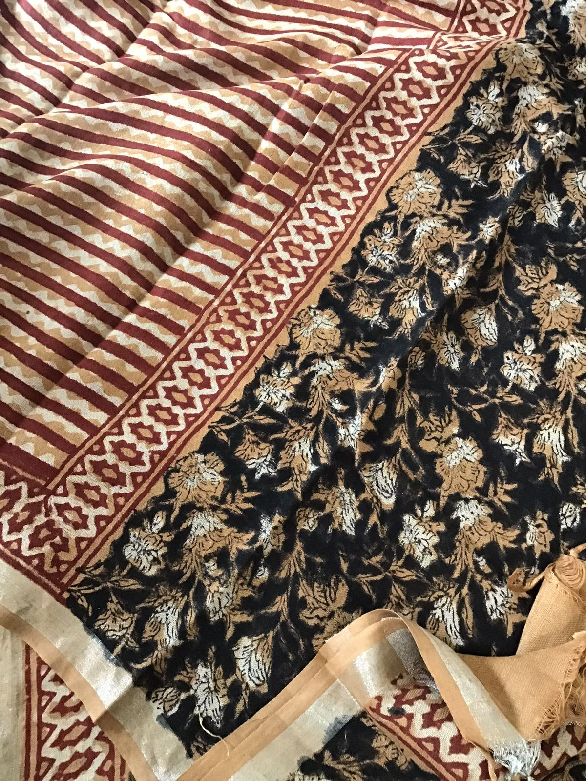 Pure Linen Jute Cotton Printed Suit - Black