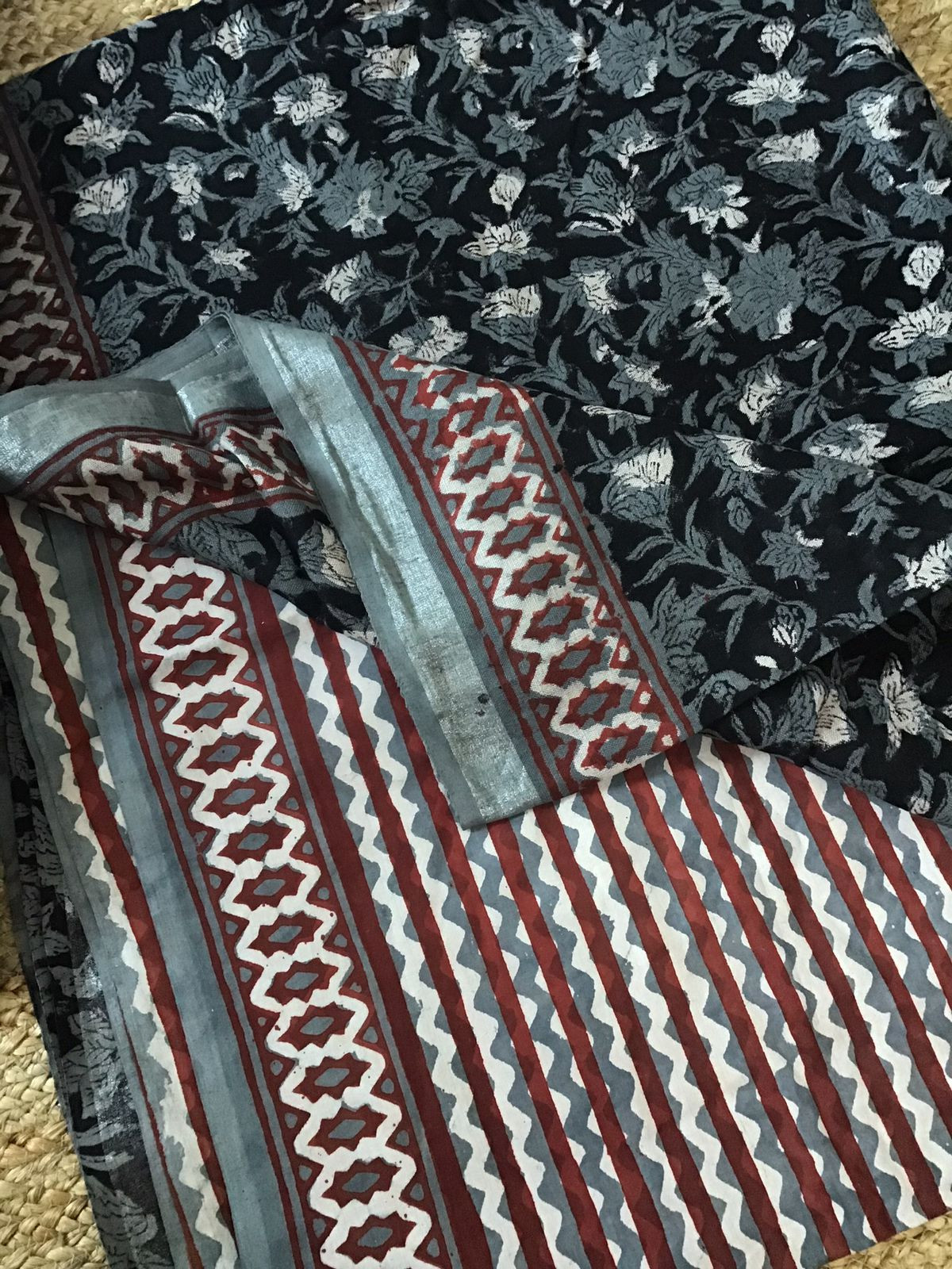 Pure Linen Jute Cotton Printed Suit - Black