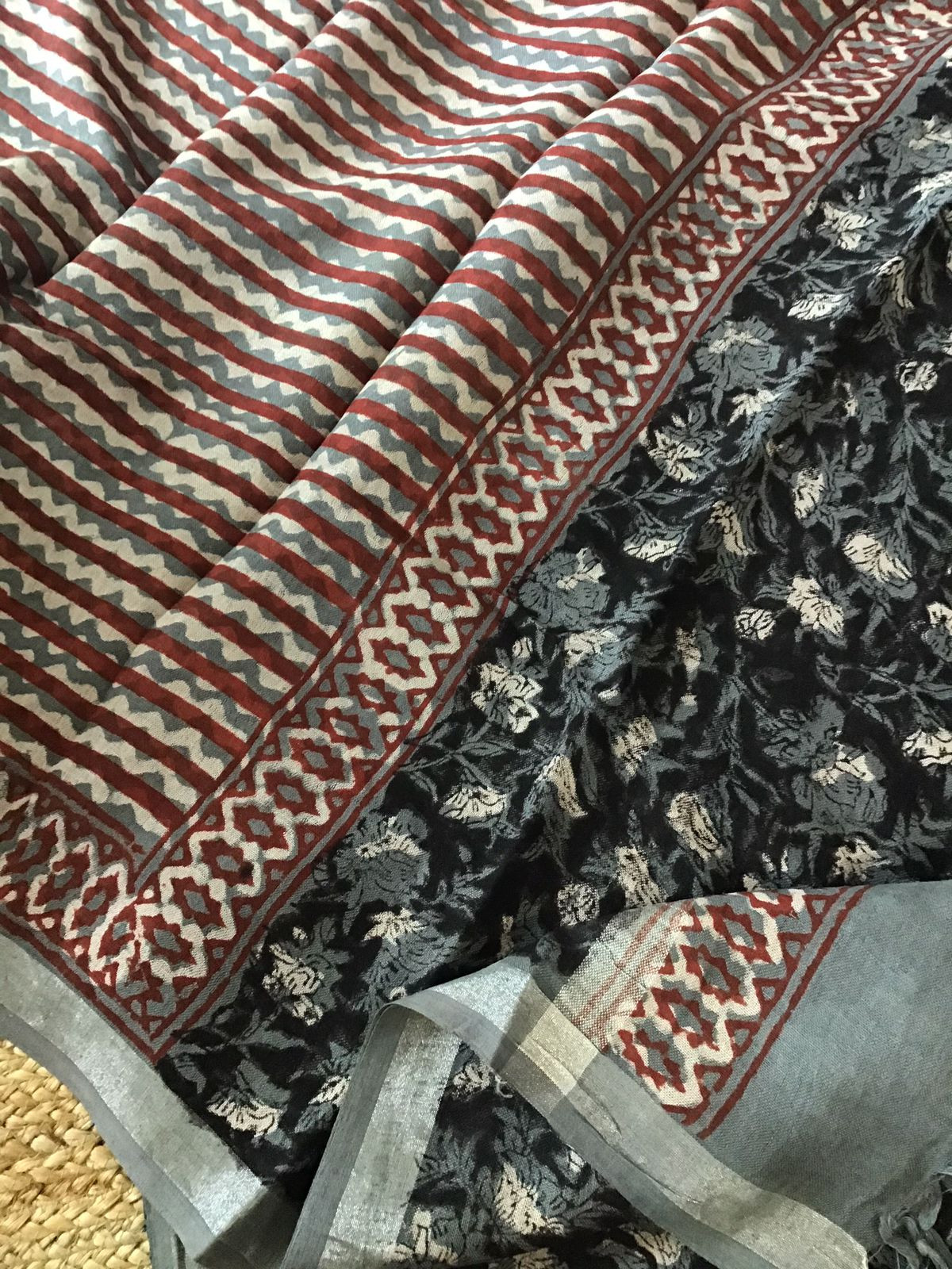 Pure Linen Jute Cotton Printed Suit - Black