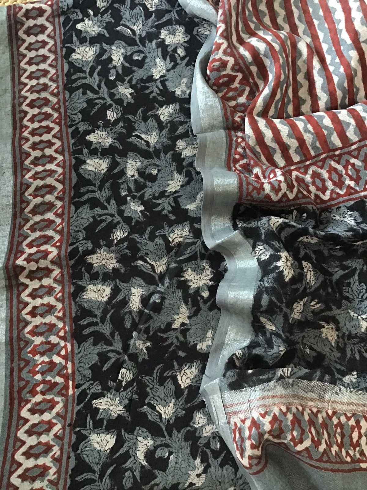 Pure Linen Jute Cotton Printed Suit - Black