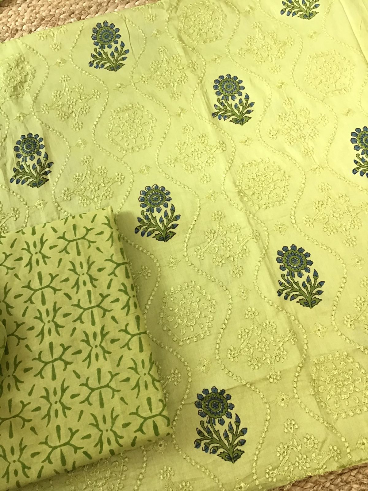 Pure Jaam Cotton Printed Embroidered Suit - Lime Green