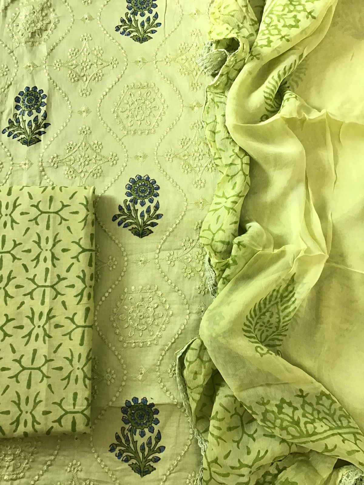 Pure Jaam Cotton Printed Embroidered Suit - Lime Green