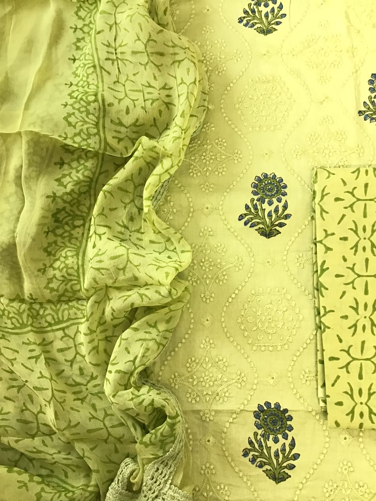 Pure Jaam Cotton Printed Embroidered Suit - Lime Green