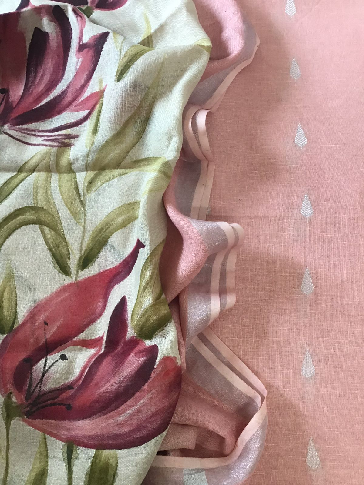 Pure Linen Jute Cotton Self Weaved Suit - Light Pink