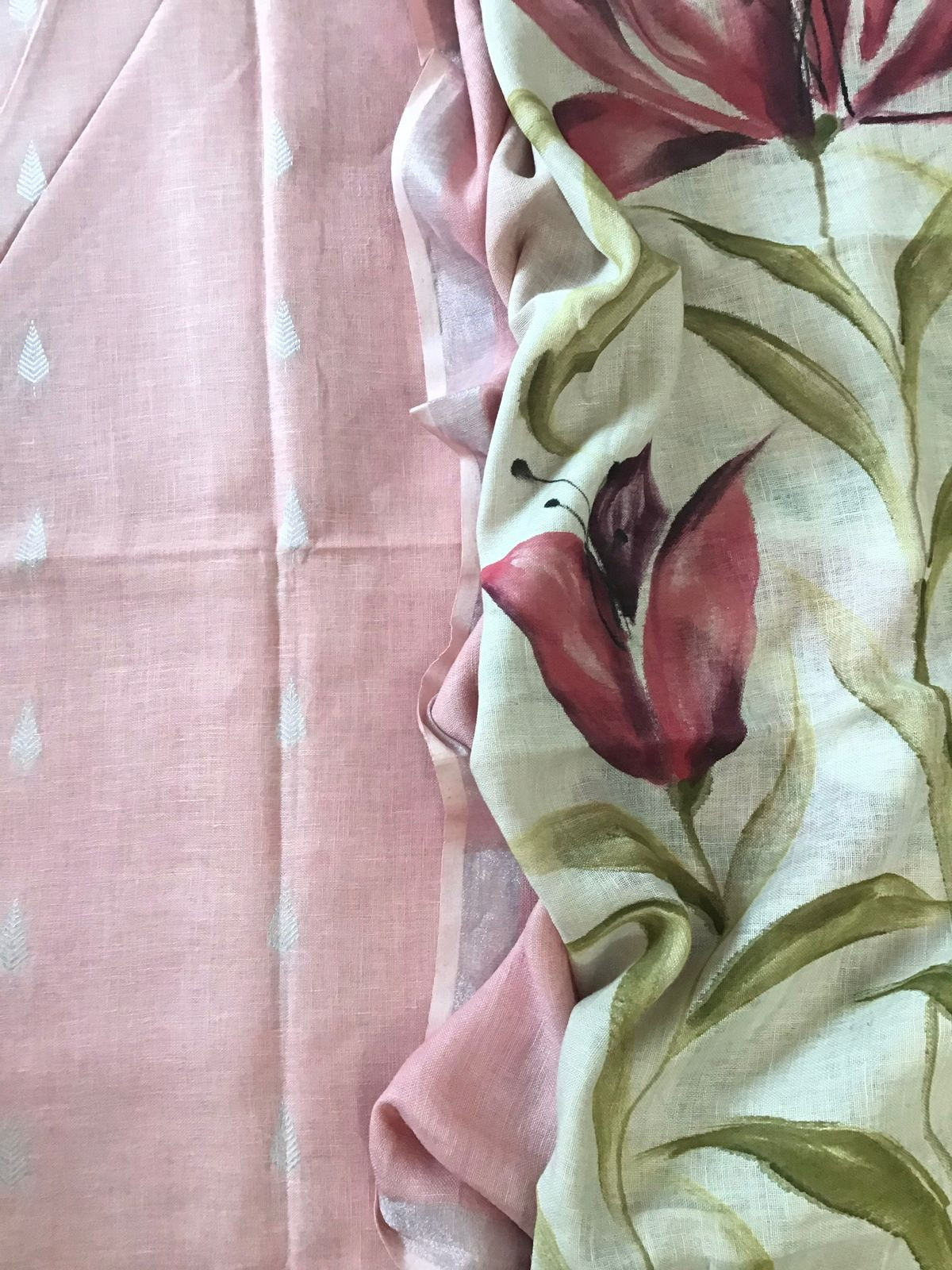 Pure Linen Jute Cotton Self Weaved Suit - Light Pink