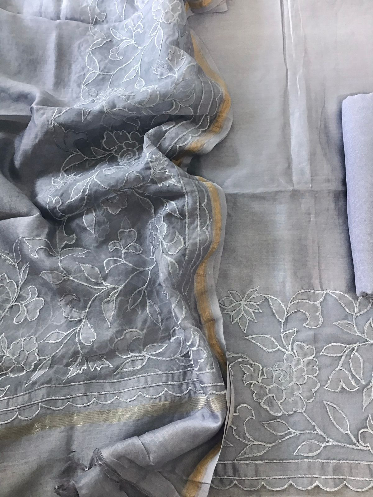 Pure Chanderi Embroidered Suit - Lilac Grey