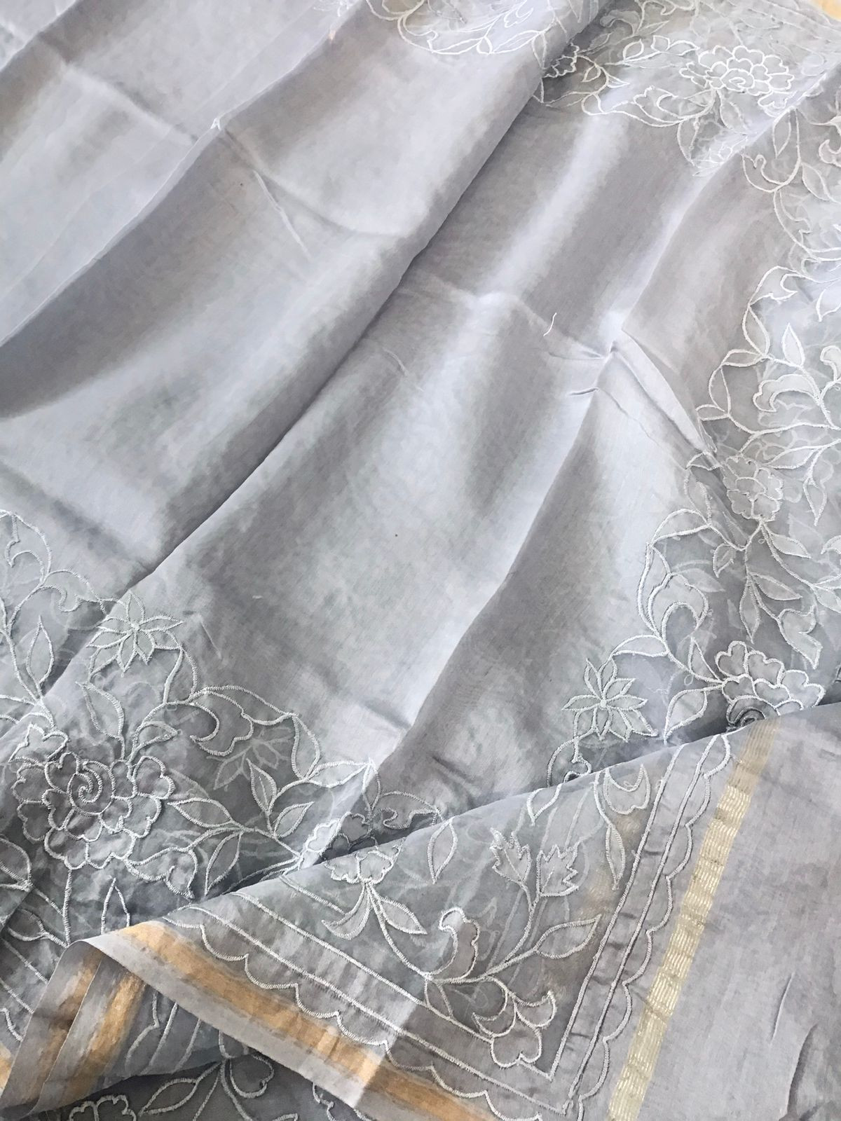 Pure Chanderi Embroidered Suit - Lilac Grey