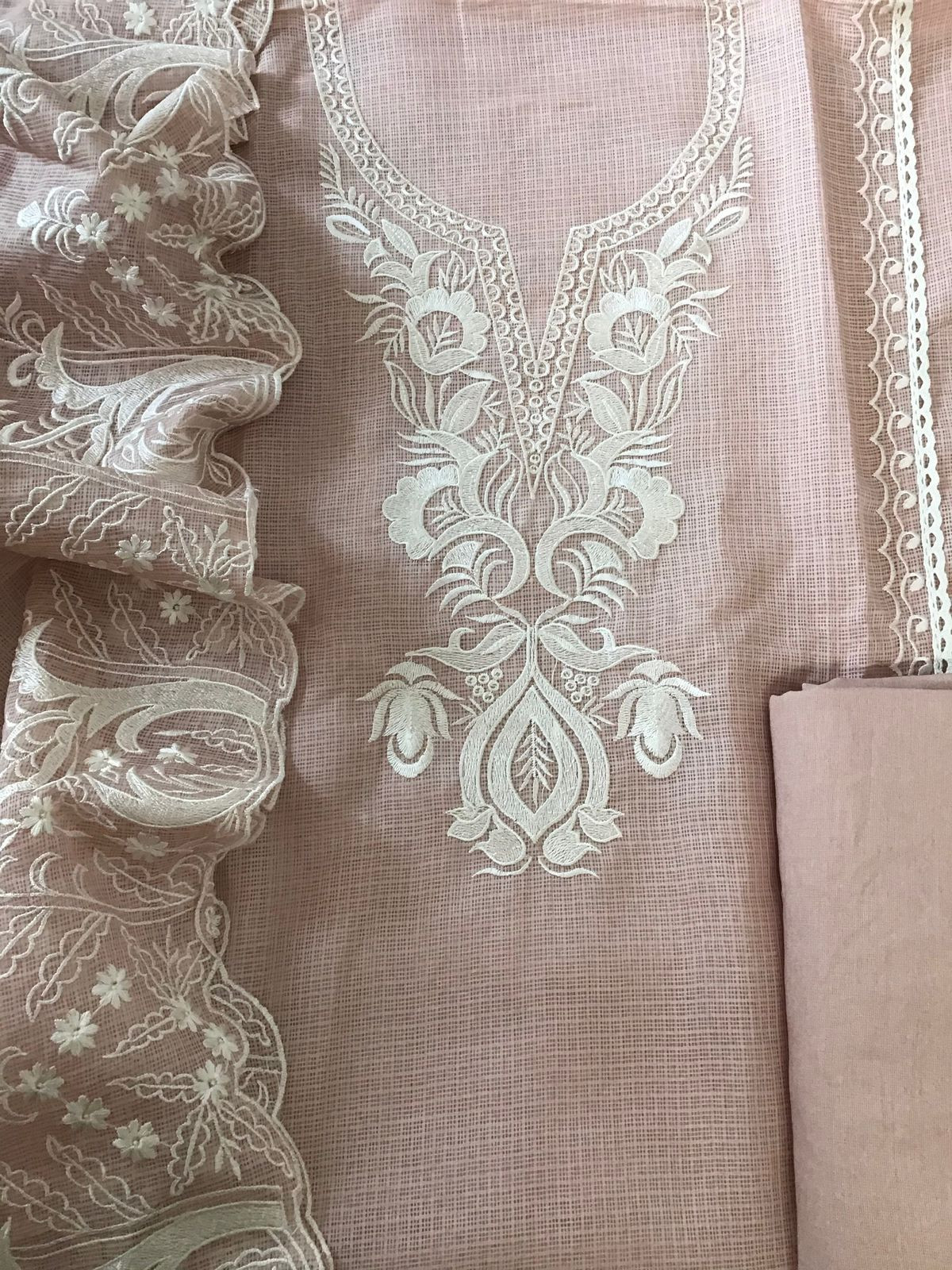 Soft Kota Silk Embroidered Suit - Peach