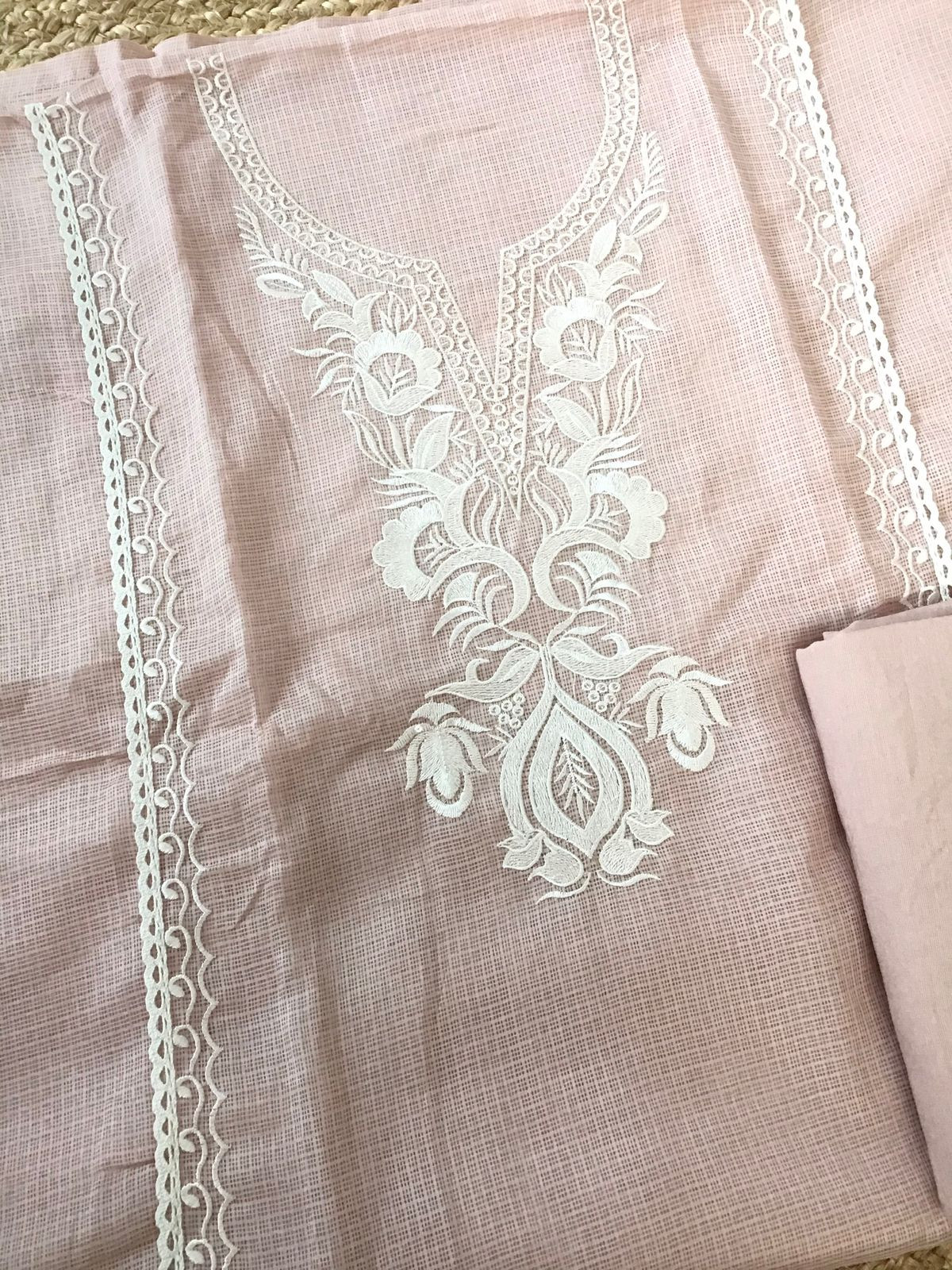 Soft Kota Silk Embroidered Suit - Peach