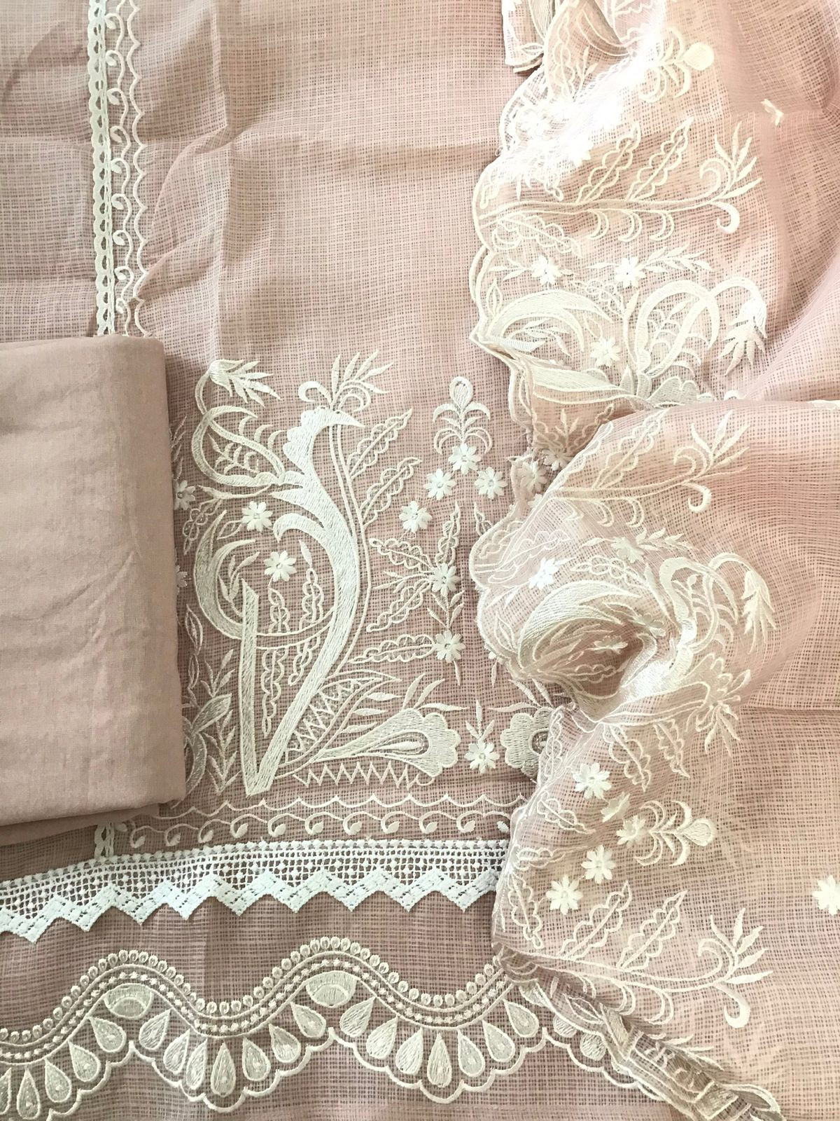 Soft Kota Silk Embroidered Suit - Peach