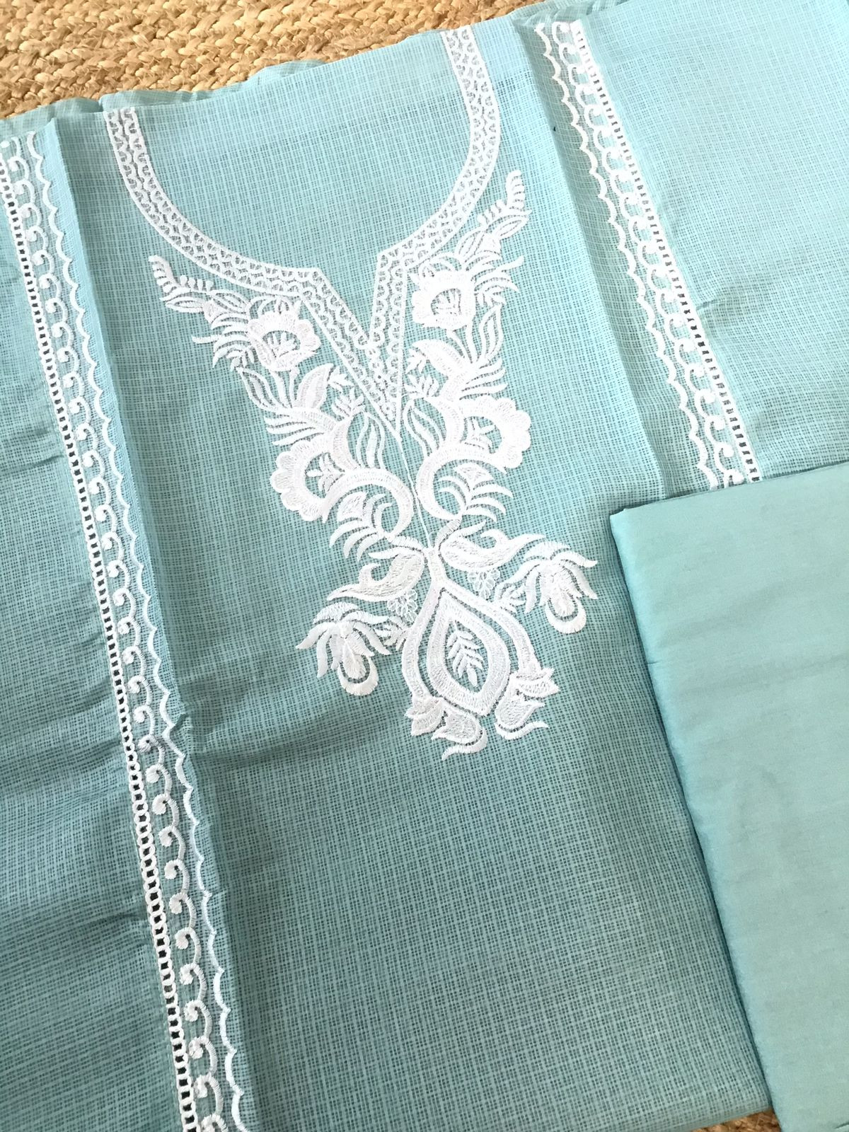 Soft Kota Silk Embroidered Suit - Blue