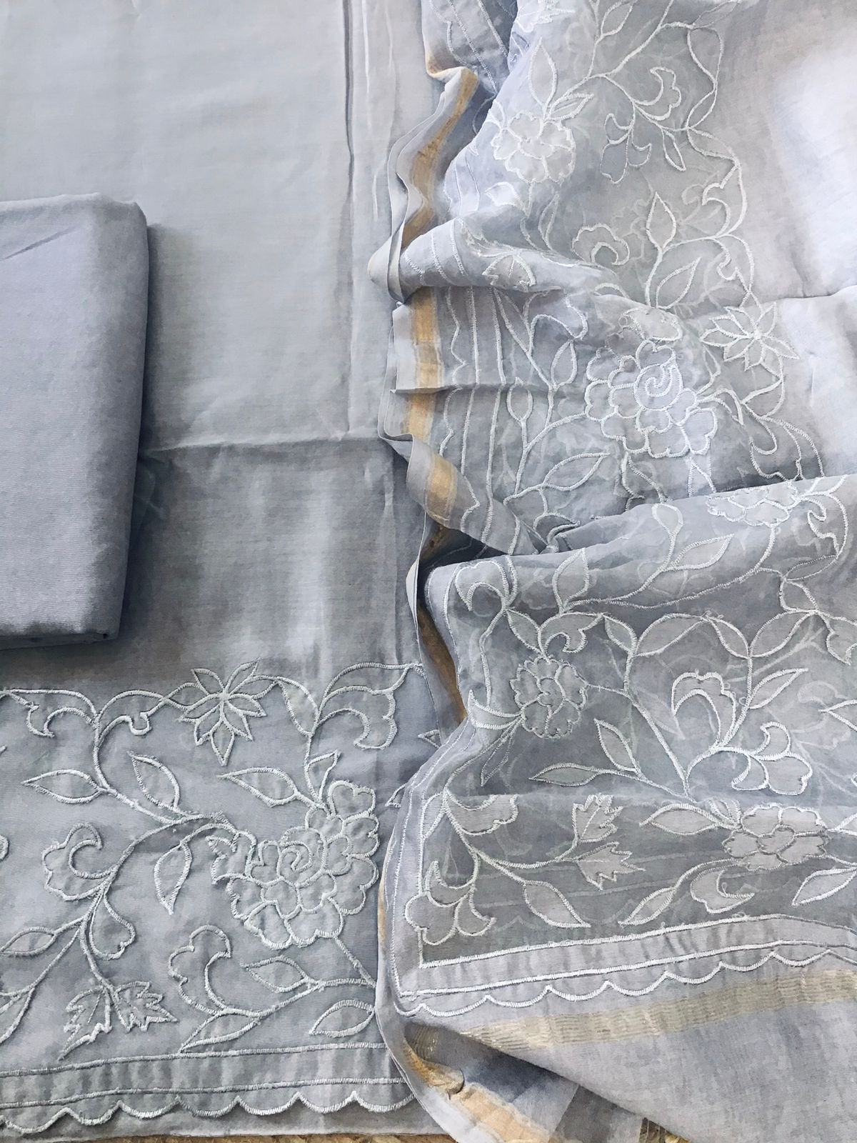 Pure Chanderi Embroidered Suit - Lilac Grey