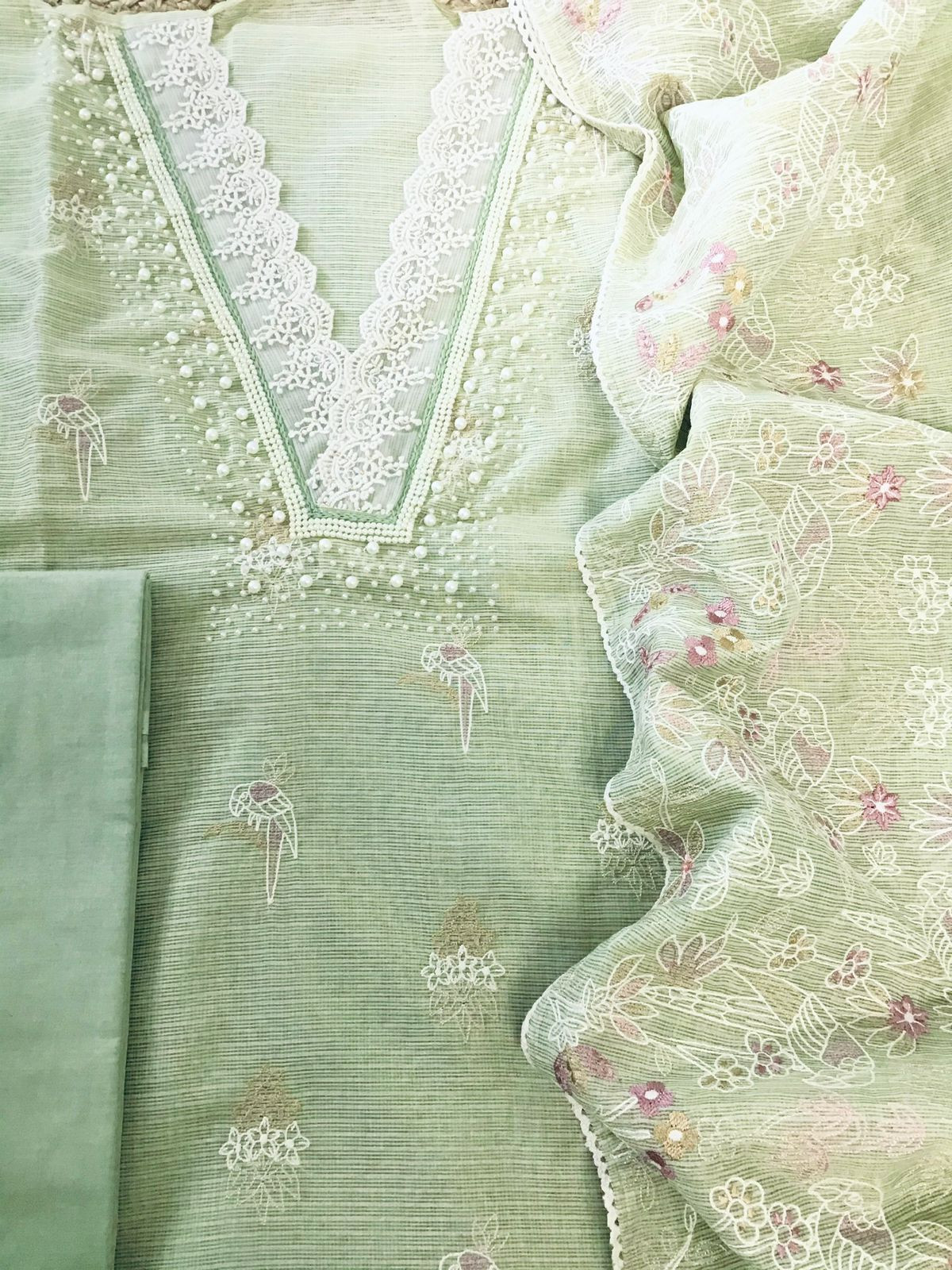 Soft Tissue Kota Silk Embroidered Suit - Green