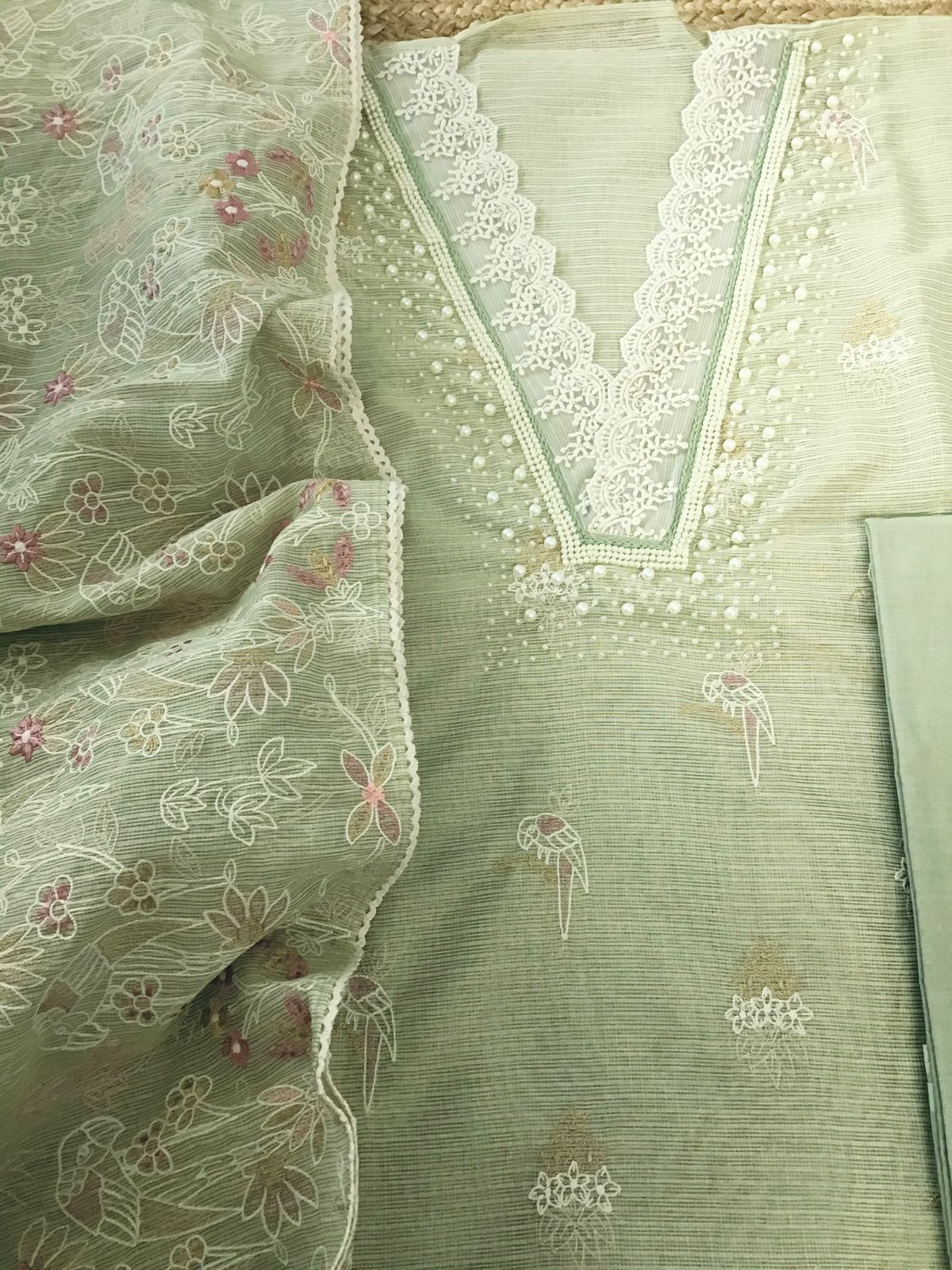 Soft Tissue Kota Silk Embroidered Suit - Green