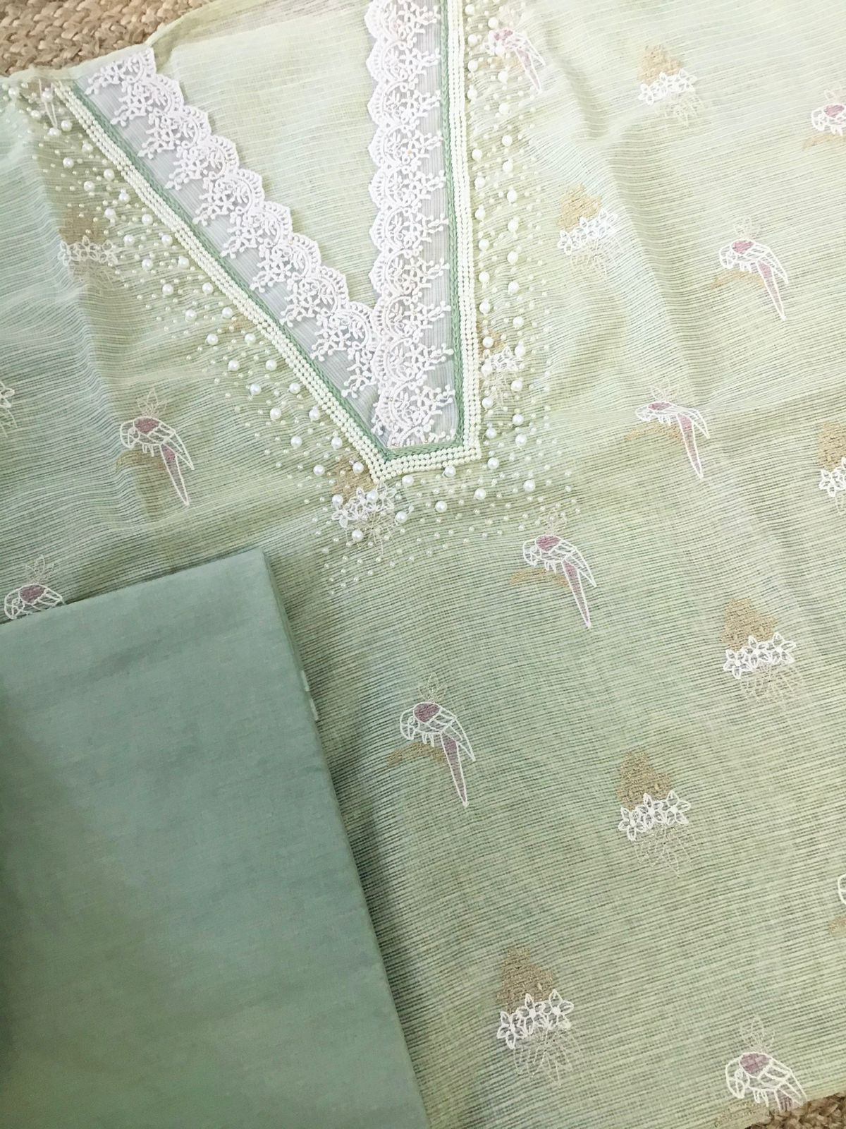 Soft Tissue Kota Silk Embroidered Suit - Green