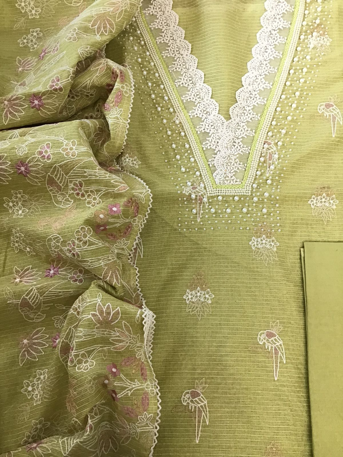 Soft Tissue Kota Silk Embroidered Suit - Lime Green