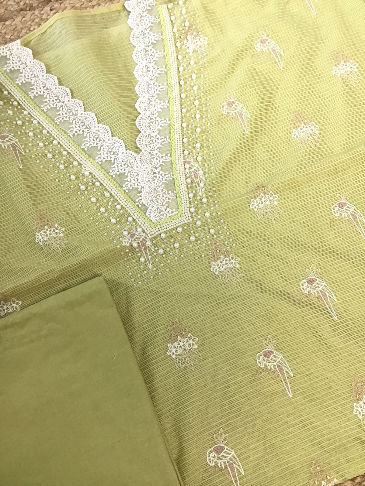 Soft Tissue Kota Silk Embroidered Suit - Lime Green