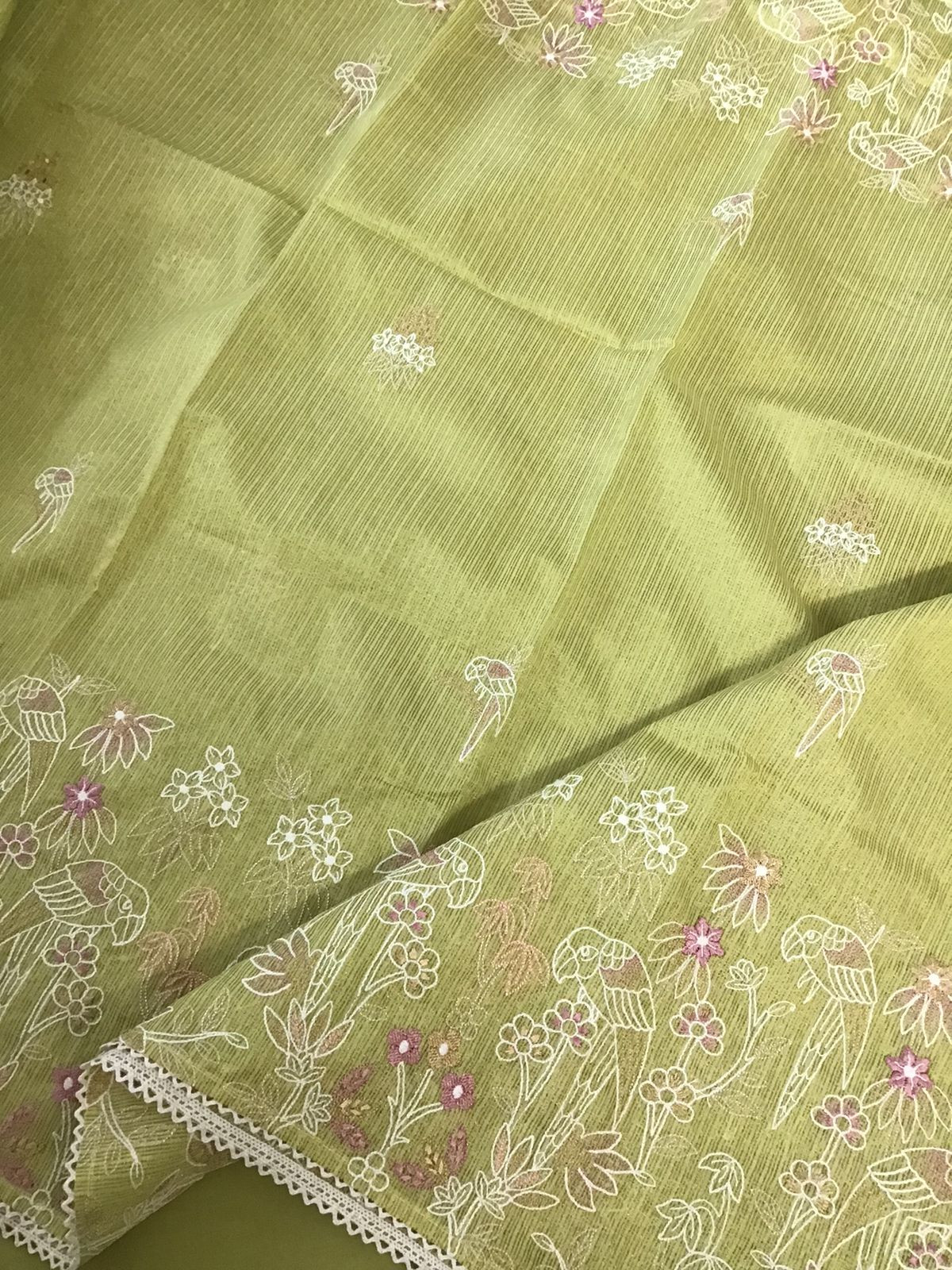 Soft Tissue Kota Silk Embroidered Suit - Lime Green
