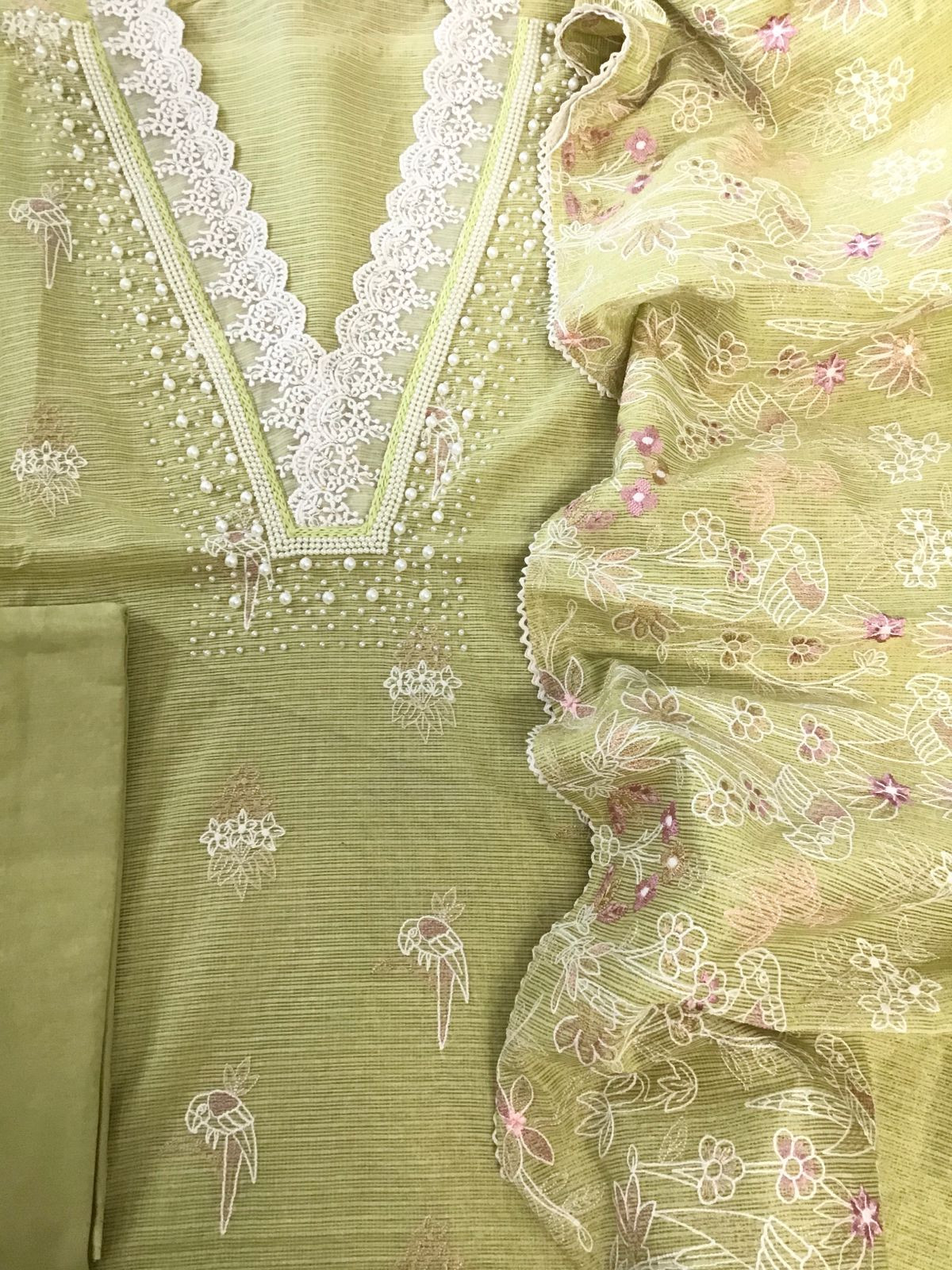 Soft Tissue Kota Silk Embroidered Suit - Lime Green