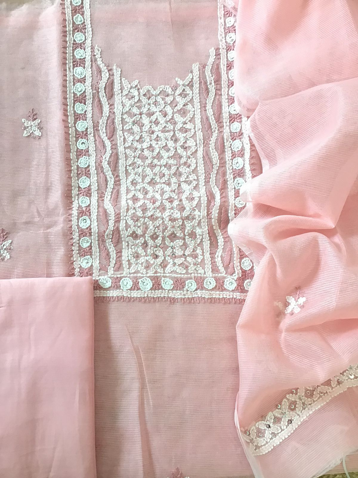 Soft Supernet Embroidered Suit - Peach