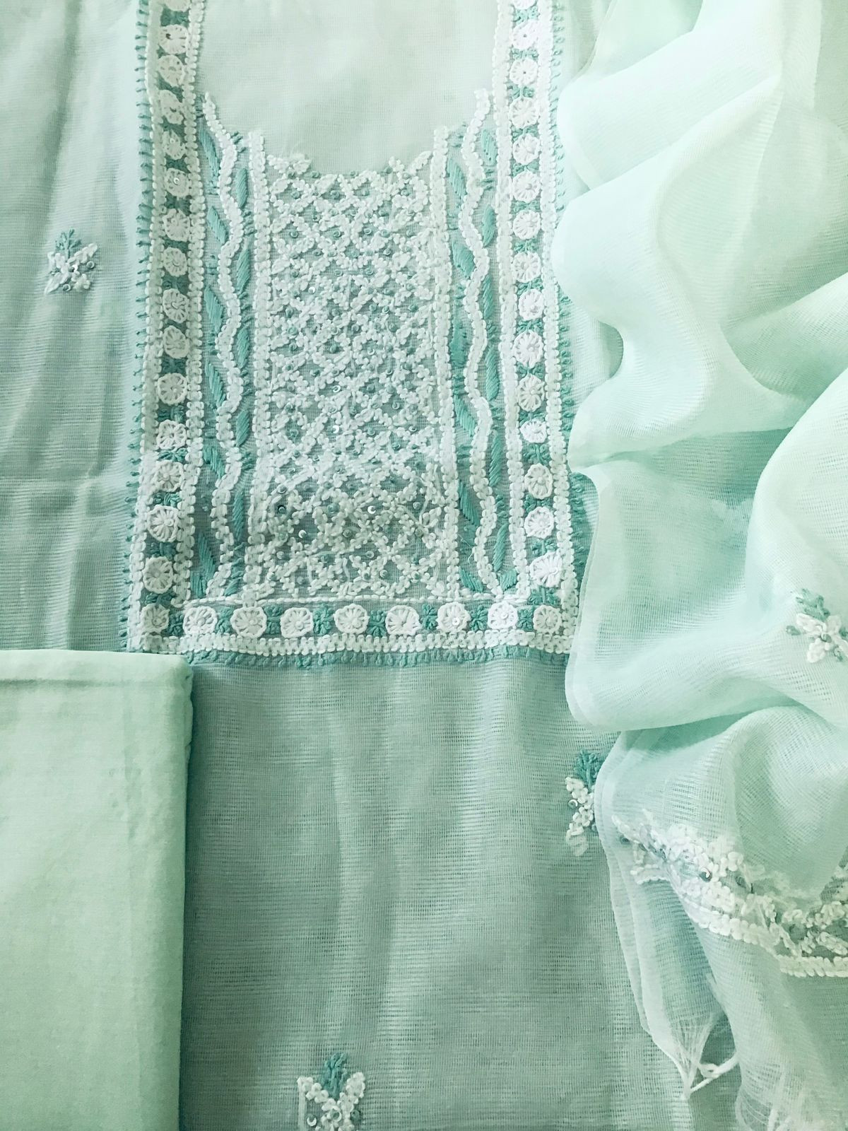 Soft Supernet Embroidered Suit - Green