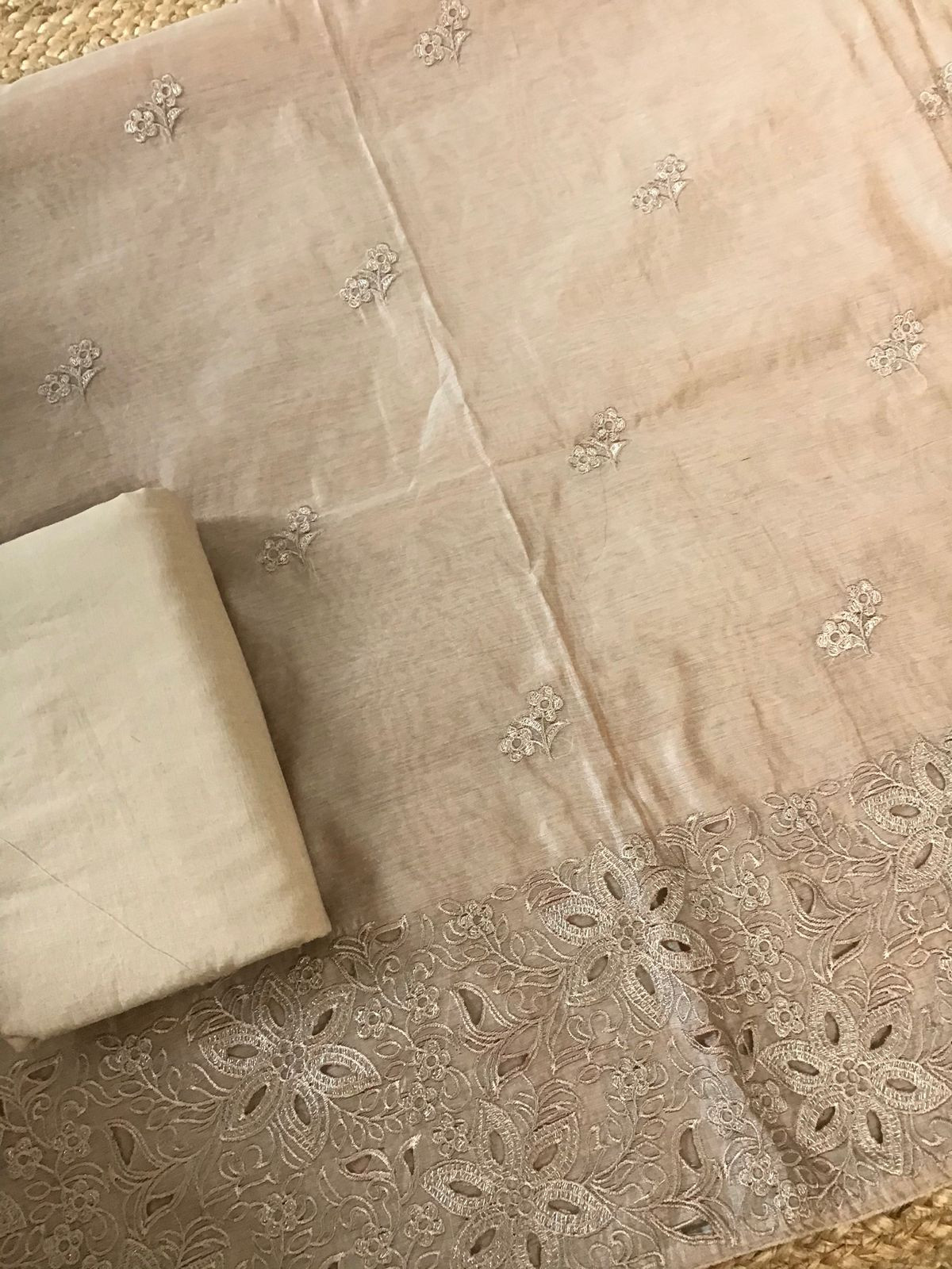 Soft Chanderi Embroidered Suit - Beige