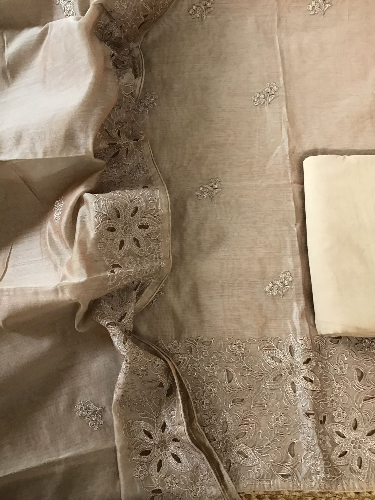 Soft Chanderi Embroidered Suit - Beige