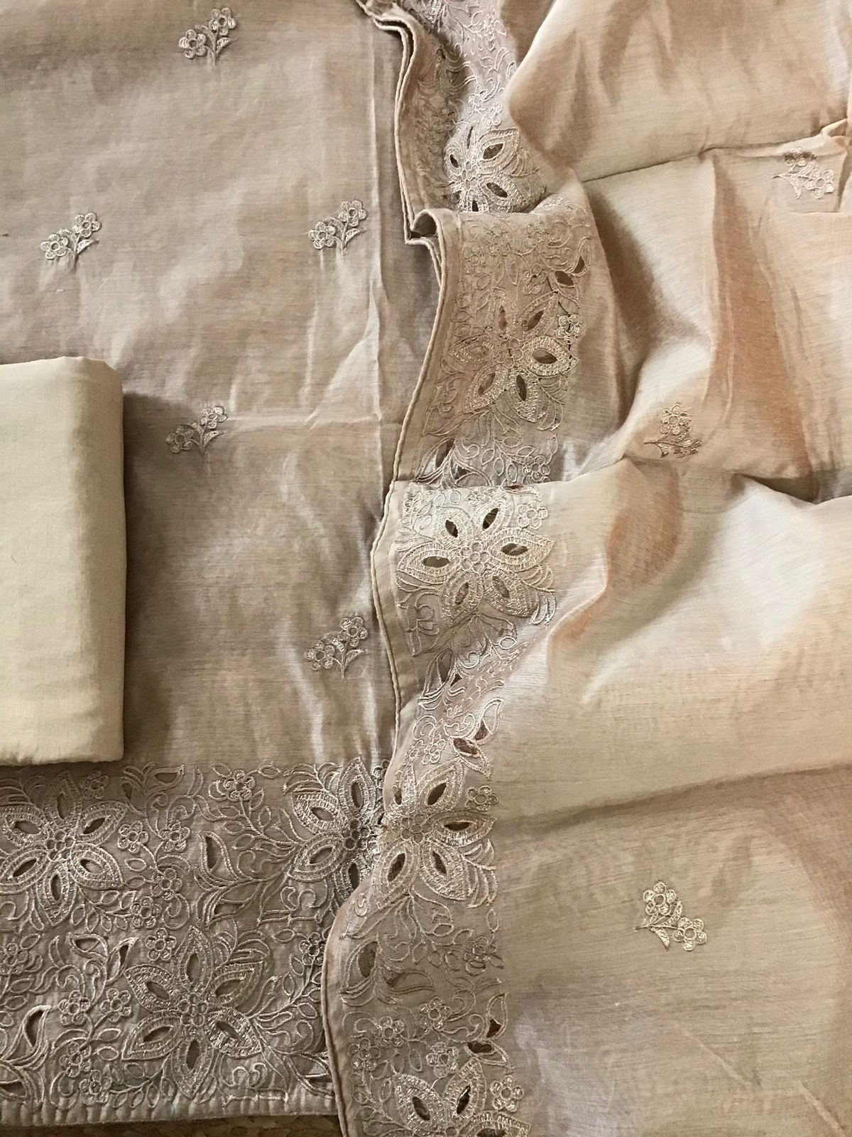 Soft Chanderi Embroidered Suit - Beige