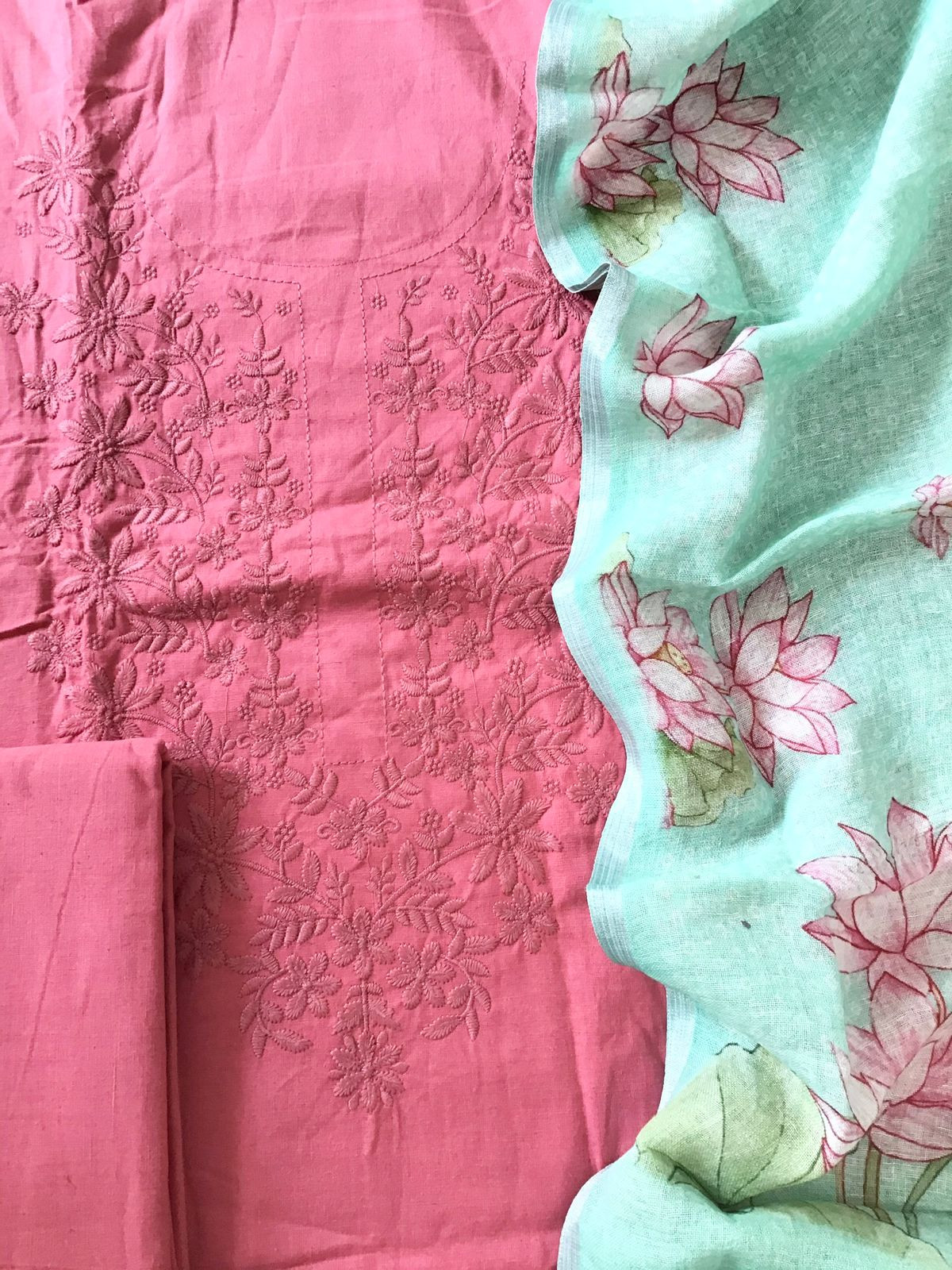 Pure Slub Cotton Embroidered Suit - Pink