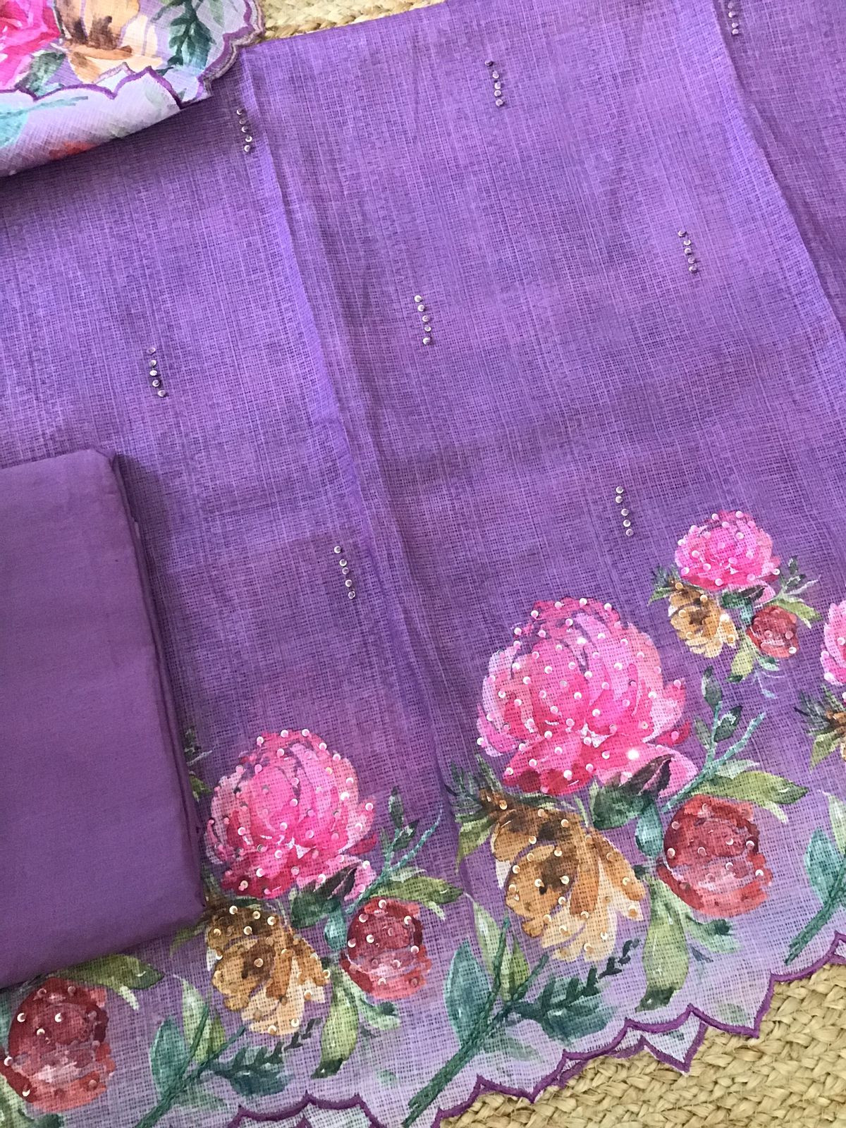 Soft Kota Silk Printed Embroidered Suit - Violet