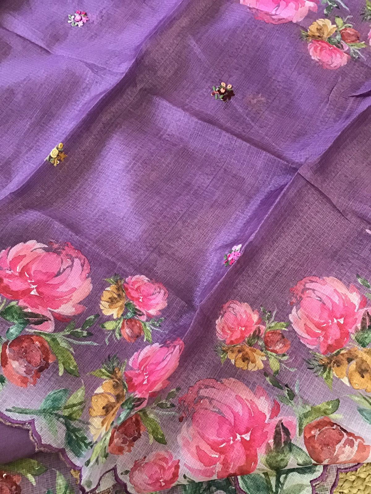 Soft Kota Silk Printed Embroidered Suit - Violet