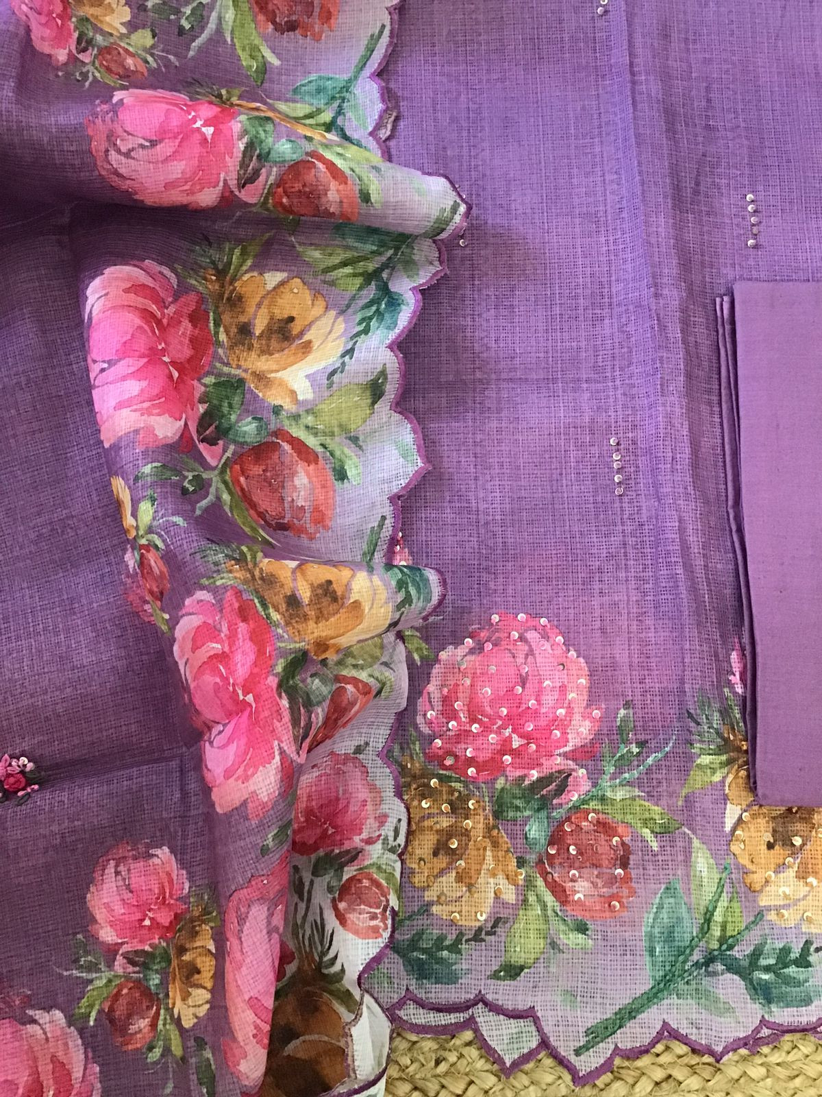 Soft Kota Silk Printed Embroidered Suit - Violet